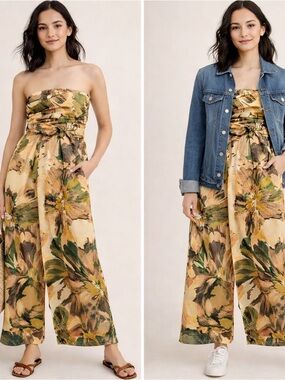 Girl And The Sun Strapless Floral Wide-Leg Jumpsuit in Mustard & Green